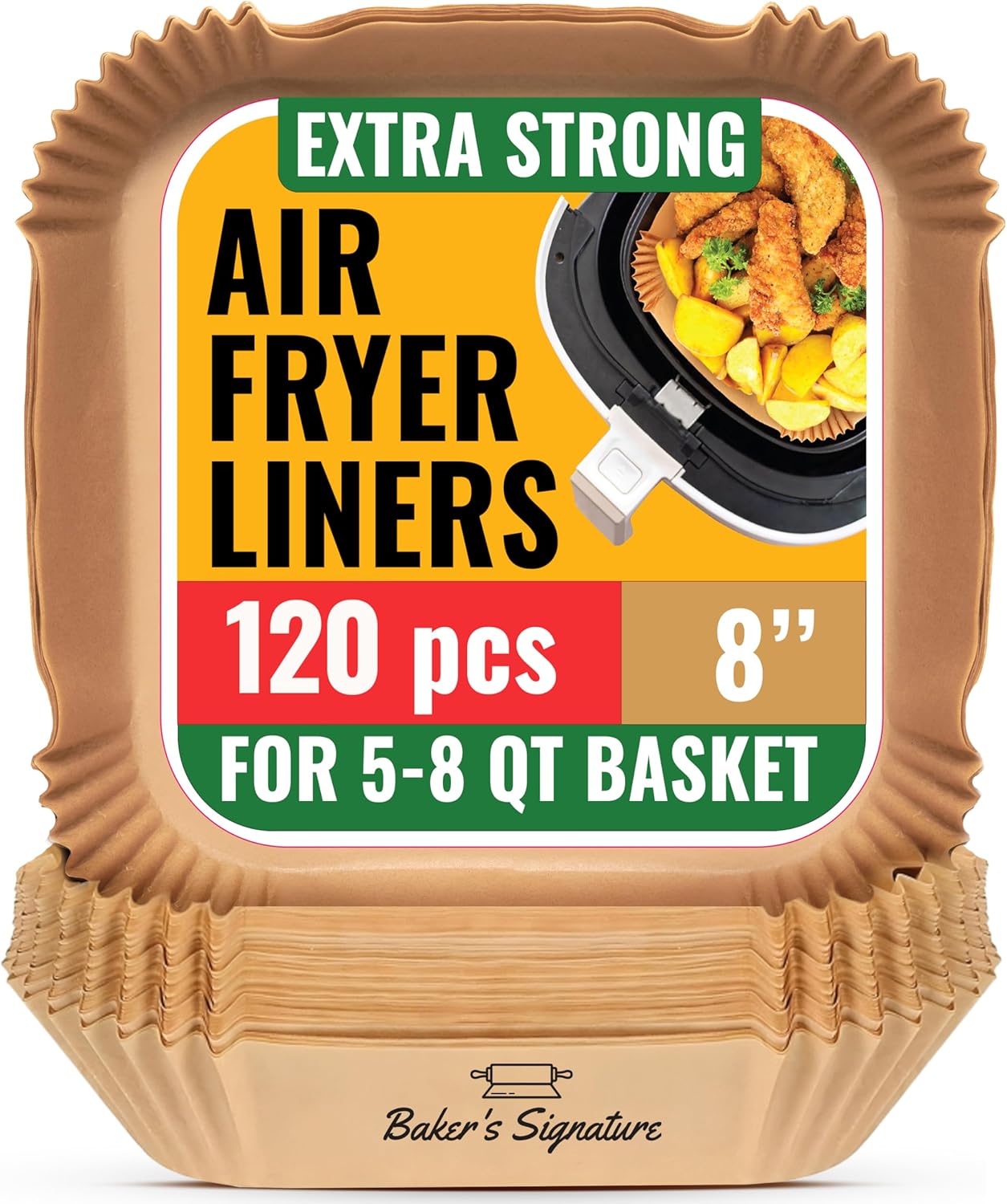 Air Fryer Paper Liners, 120Pcs Air Fryer Disposable Liners, Non-Stick and Oil Proof for Easy Cleanup, 8” Square for 5-8 qt Basket by Baker's Signature