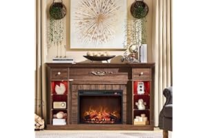 IFBUY 54" Farmhouse Electric Fireplace with Mantel, 33" Tall LED Fireplace TV Stand w/7 Lighting Colors, 23'' Freestanding Electric Fireplace Heater with Open Adjustable Shelves & Drawers, Brown