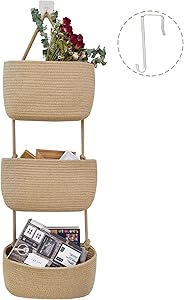 JS HOME Jute Over the Door Hanging Basket, 3 Wall Mount Hanging Organizer, Magazine Racks, Wall Hanging Baskets, Decorative Hanging Storage Basket for Living Room, Bathroom and Bedroom, Jute
