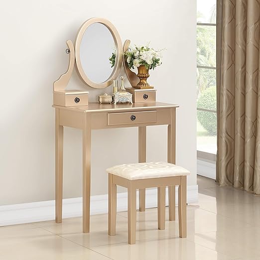 Amazon Com Roundhill Furniture Moniys Wood Moniya Makeup Vanity Table And Stool Set Gold Furniture Decor