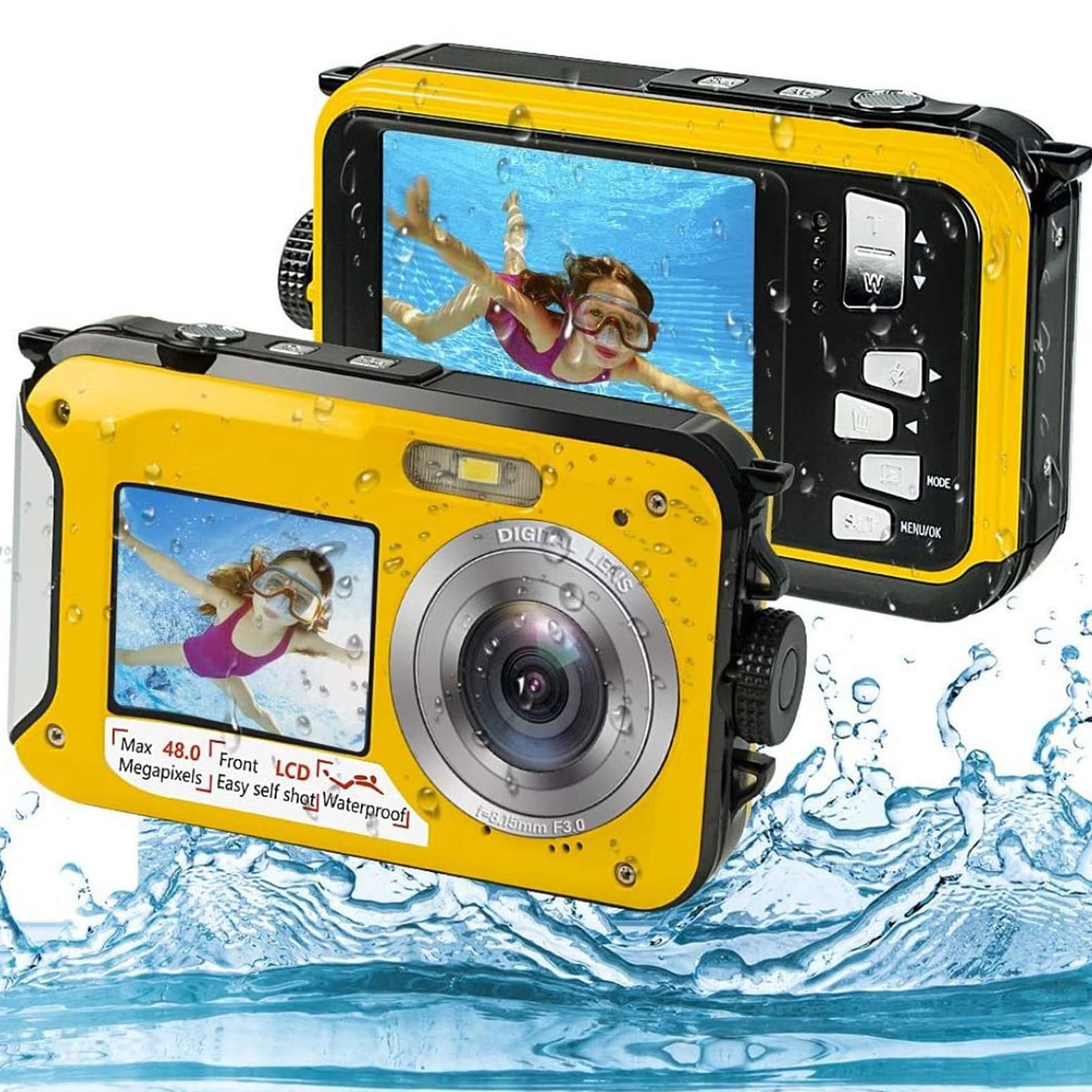 Waterproof Camera, 2.7K 48MP Full HD Digital Camera with 16X Zoom and Dual Screen for Snorkeling Swimming Surfing, Yellow