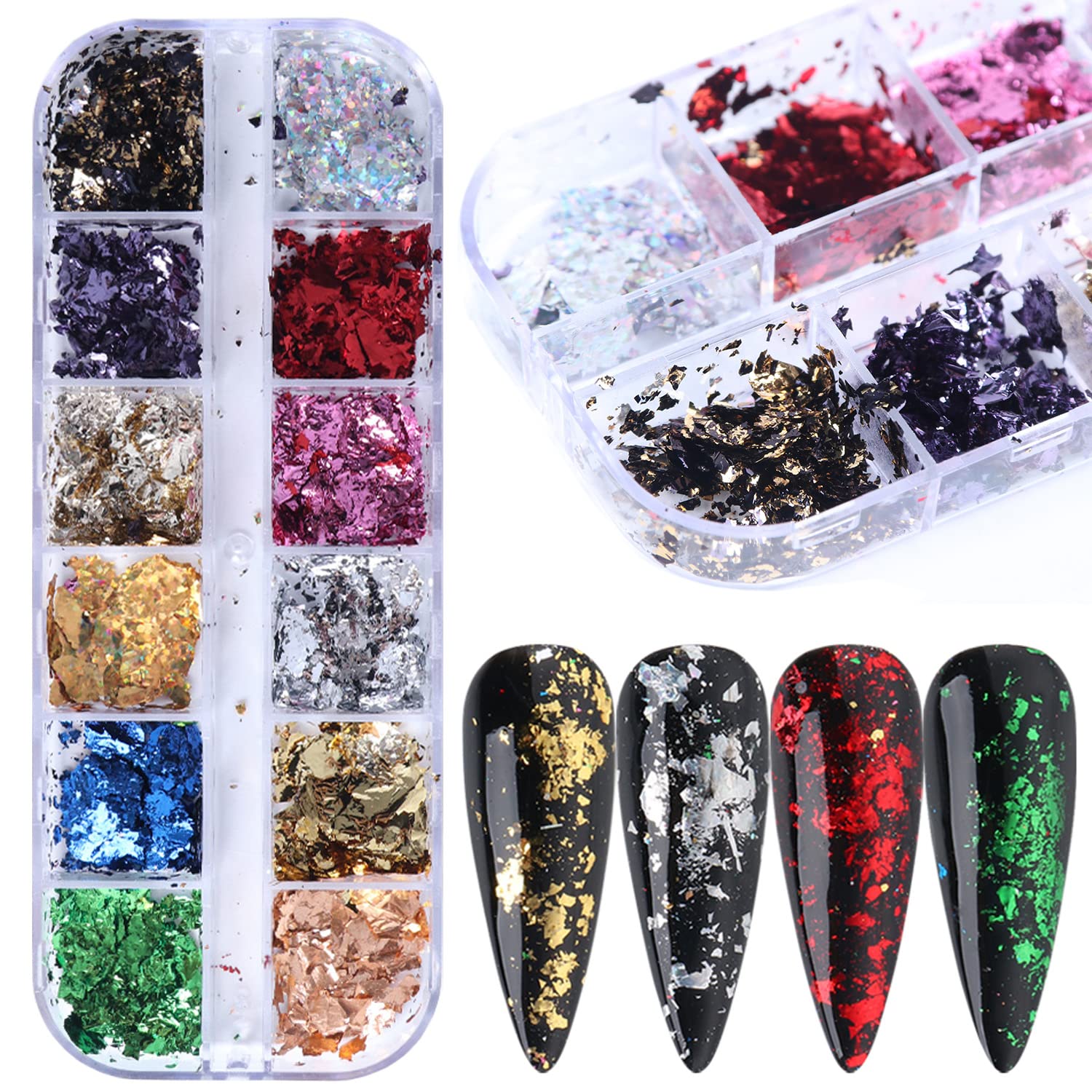 Holographic Nail Glitter Foils, 12 Colors Sparkly Ultra-Thin Aluminum Foil Nail Art Flakes Design, Laser Nail Sequins Acrylic Supplies for Women Girls Manicure Charms Decorations, DIY 3D Nail Art Tips - Image 6
