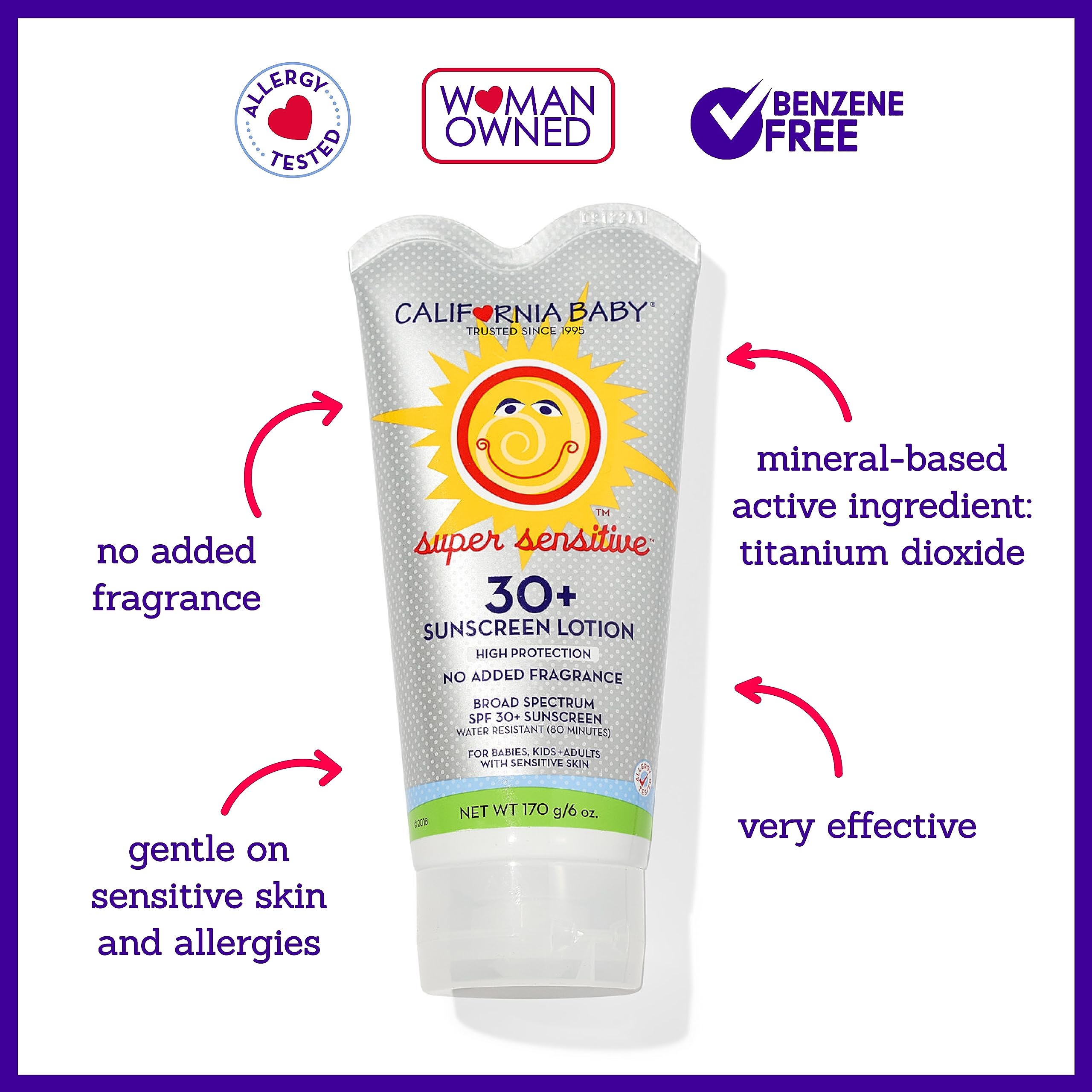 California Baby Super Sensitive SPF 30+ Sunscreen | Unscented | Mineral Based | Baby Sunscreen for Face + Body | Titanium Dioxide | 170 grams / 6oz