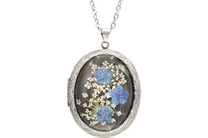 Floral Memories Handmade Oval Shaped Photo Locket with dried Pressed Flowers Locket pendant Necklace