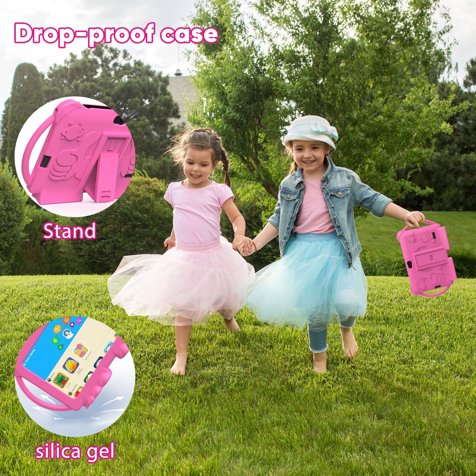 HOTTABLET Kids Tablet 7 inch Android 12, 4GB RAM 32GB ROM, 512GB Expandsion, with Parental Control, WiFi, Bluetooth, Dual Camera with Silicone Case, 1PCS(Pink)