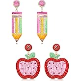 2/3Pairs Teacher Earrings for Women Beaded Pencil Dangle Earrings Statement Apple Book Drop Earrings Teacher Appreciation Gifts Back To School Jewelry Set