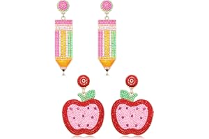 YAHPERN 2/3Pairs Teacher Earrings for Women Beaded Pencil Dangle Earrings Statement Apple Book Drop Earrings Teacher Appreciation Gifts Back To School Jewelry Set