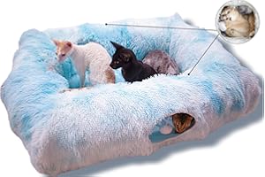 XxingSheep 4 Cave Shuttled XL Cat Tunnel Bed for Indoor Cats Peekaboo Toy Donut with Warm Mat, Azure Blue