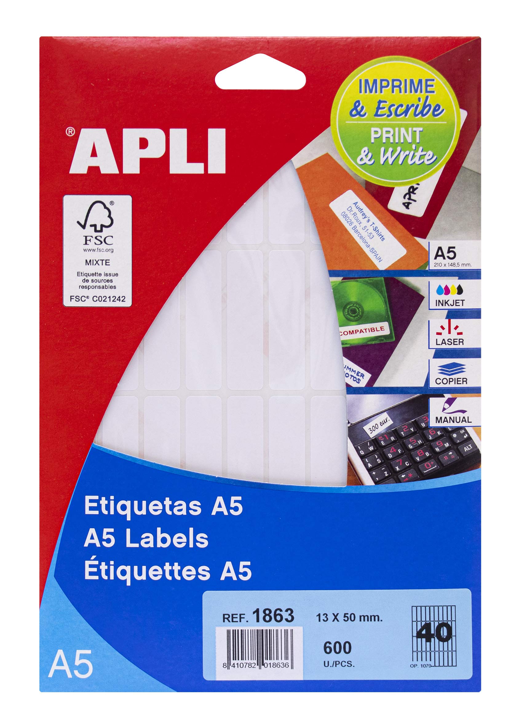 APLI 1863 - A5 White Labels 13x50mm 15 Sheets