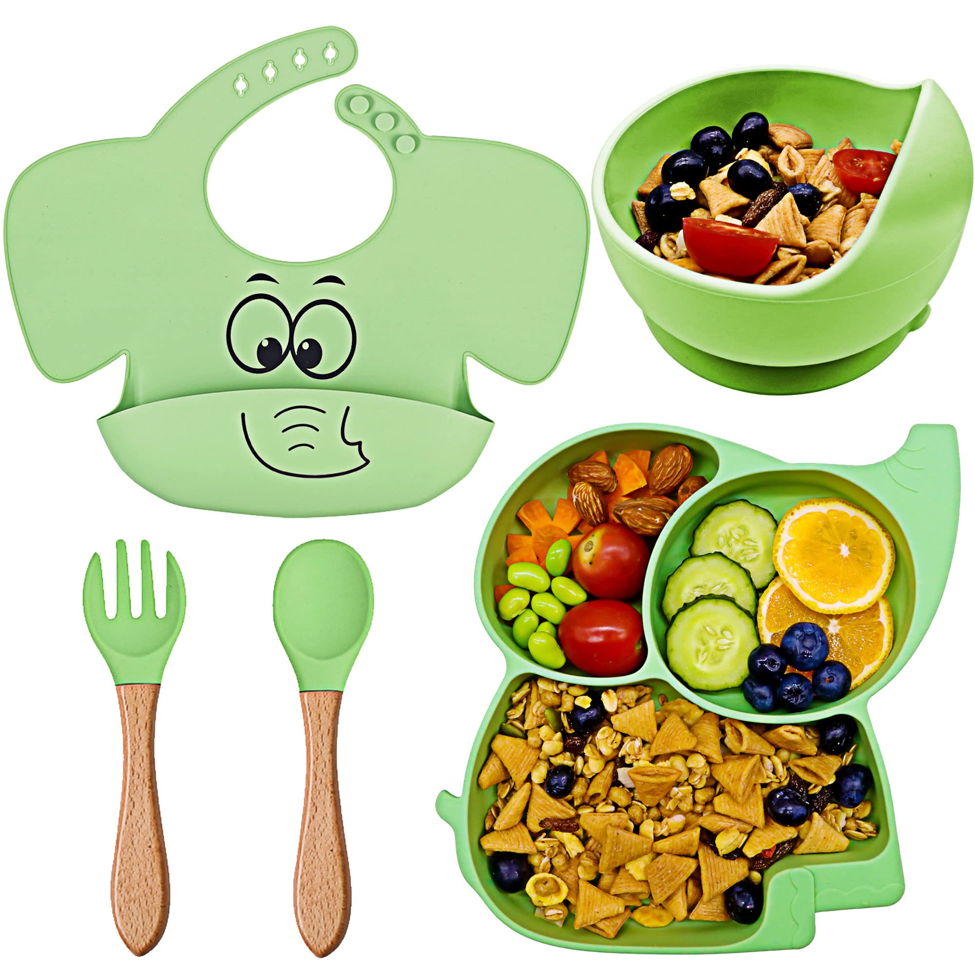 FILOWA Baby Weaning Set, 5 PCS Soft Silicone Feeding Set with Suction Plates and Bowls Set, Baby Spoon Fork, Silicone Bibs, Led Weaning Cutlery Set, Microwave Dishwasher Safe, Green Elephant