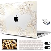 MEEgoodo for M4/M3/M2 MacBook Air 15.3 inch Case 2025 2024 2023, Case Fit Model (A3241/A3114/A2941) for MacBook Air 15 inch, Laptop Hard Shell with Keyboard Cover, Drawn Golden Floral