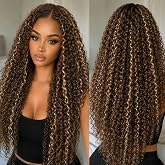 Long Curly Synthetic Wigs for Women Highlights Brown Lace Front Wig,34Inch | 13x4x1 HD Lace Front Wigs Deep Curly Long Synthetic Wigs for Black Women Human Hair-like Natural Looking Womens Wig