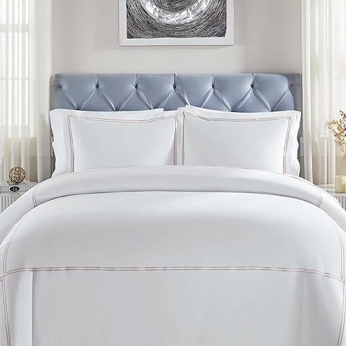 Superior Embroidered Cotton Duvet Cover Set, Soft Bedding, Includes 1 Duvet Cover & 2 Pillow Shams, Two-Line Design, Essentials, Modern Comforter Cover, King/California King Size, White/Taupe - Amazon deal for $89.72