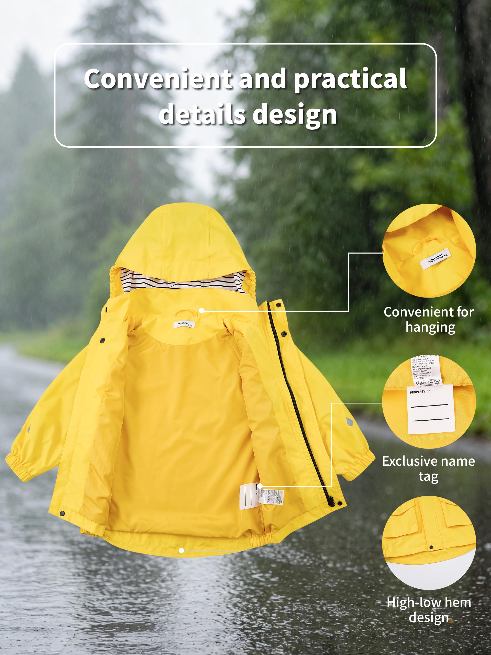 Volunboy Kinder Regenjacke Wasserdicht, Leichte Winddichte Jacke, Abnehmbare Kappe, Reflektorstreifen, Jungen & Mädchen 2-6 Jahre(Größe 100,2–3 Jahre,Gelb) 6