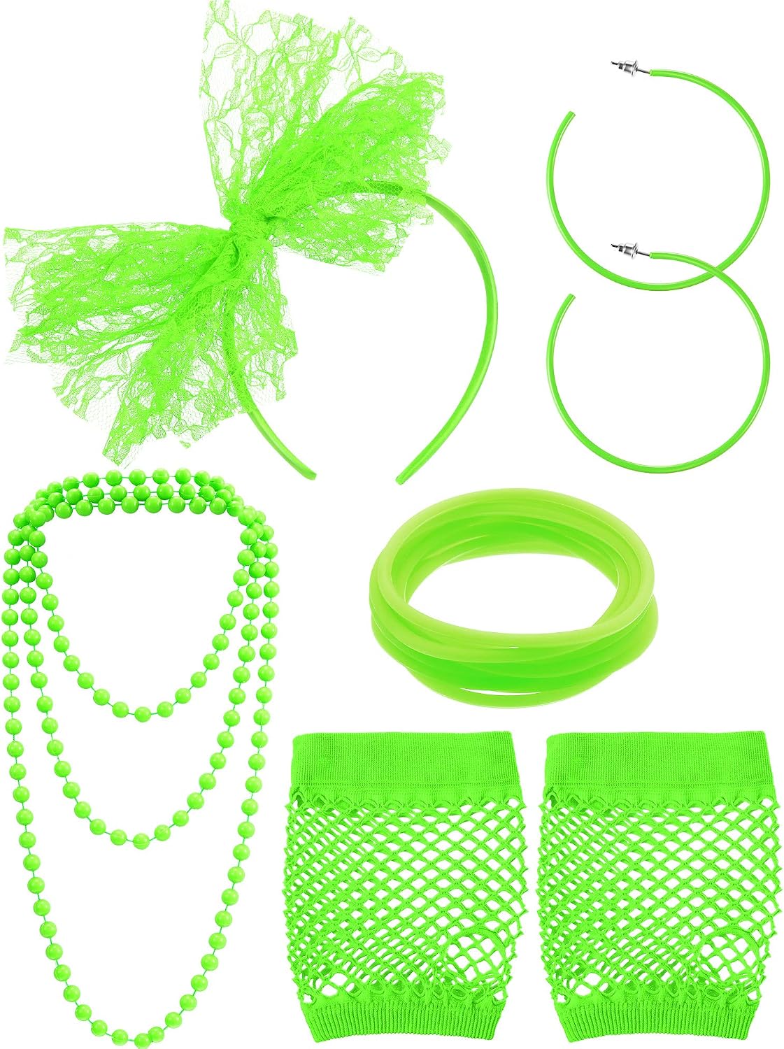 Blulu 80s Fancy Dress Costume Accessories Lace Headband Earrings Fishnet Gloves Necklace Bracelet for Women 80's Party(Fluorescent Green)
