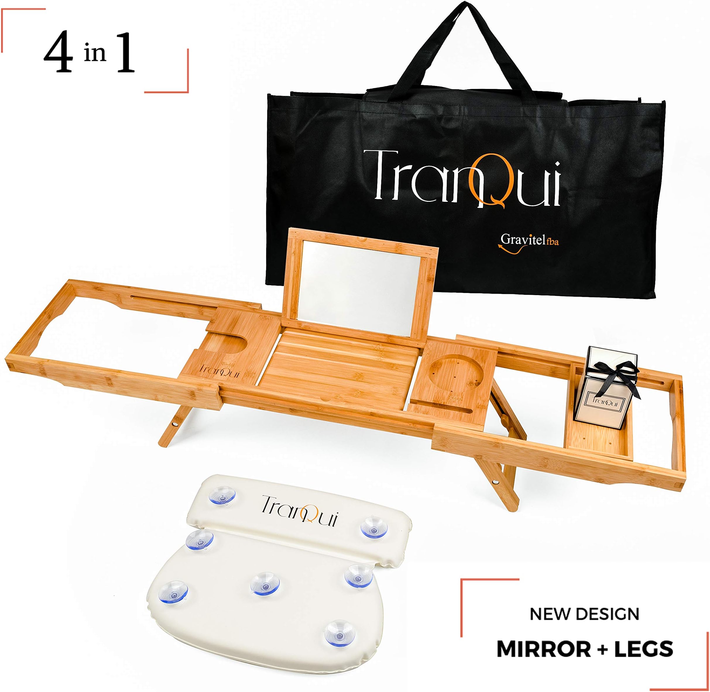 Tranqui Essential Bath Spa Kit Luxurious Wooden Bathtub Caddy + Head/Neck Bath Pillow + Boxed Candle + Storage Bag | Water Resistant Wood Tray Perfect For Relaxation & Stress Relief