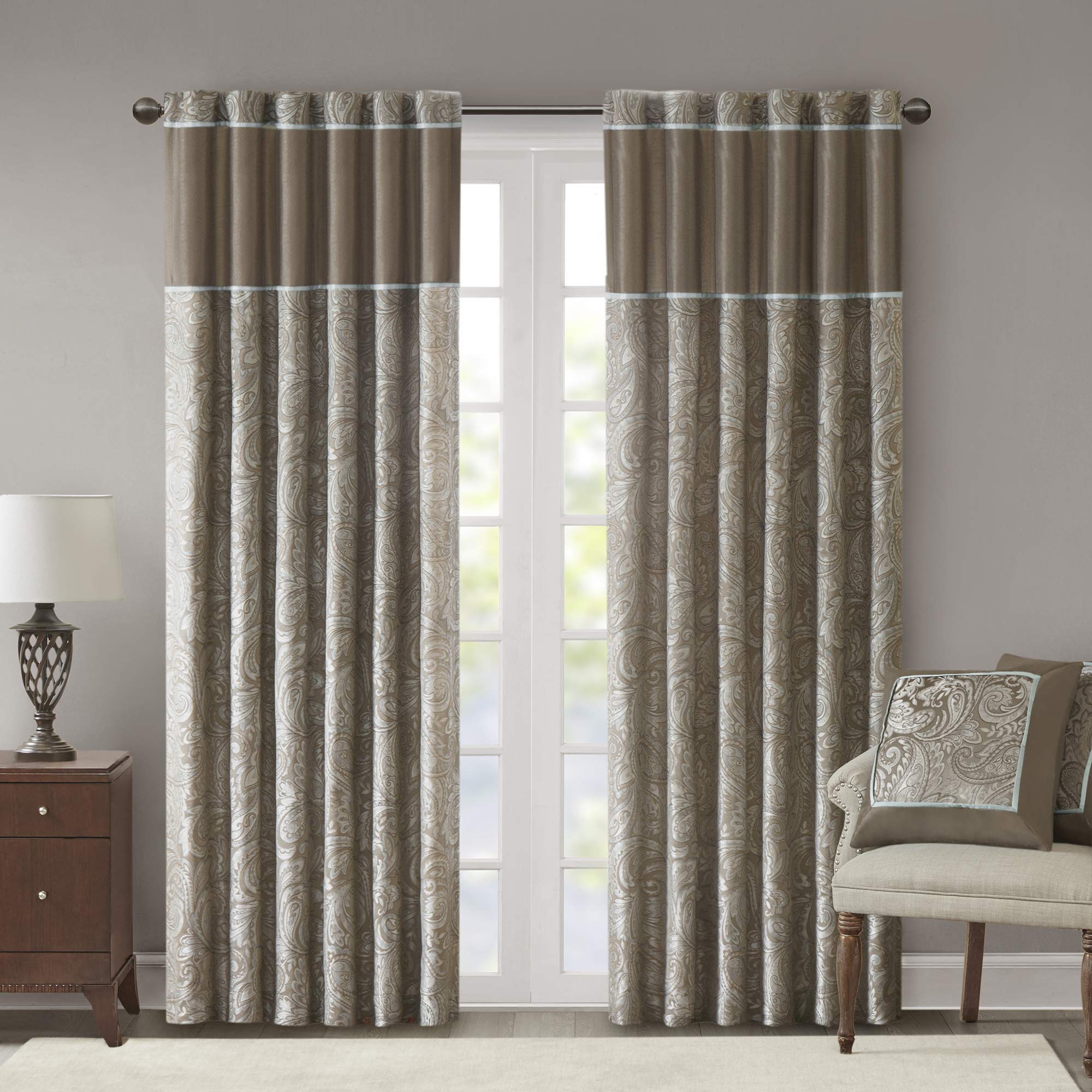 Madison Park Aubrey 2 Panel Curtain Faux Silk Paisley Jacquard, Rod Pocket Curtain for Living Room, Kitchen, Room Darkening Window Drape for Bedroom and Dorm, 2-PK 50x84, Taupe