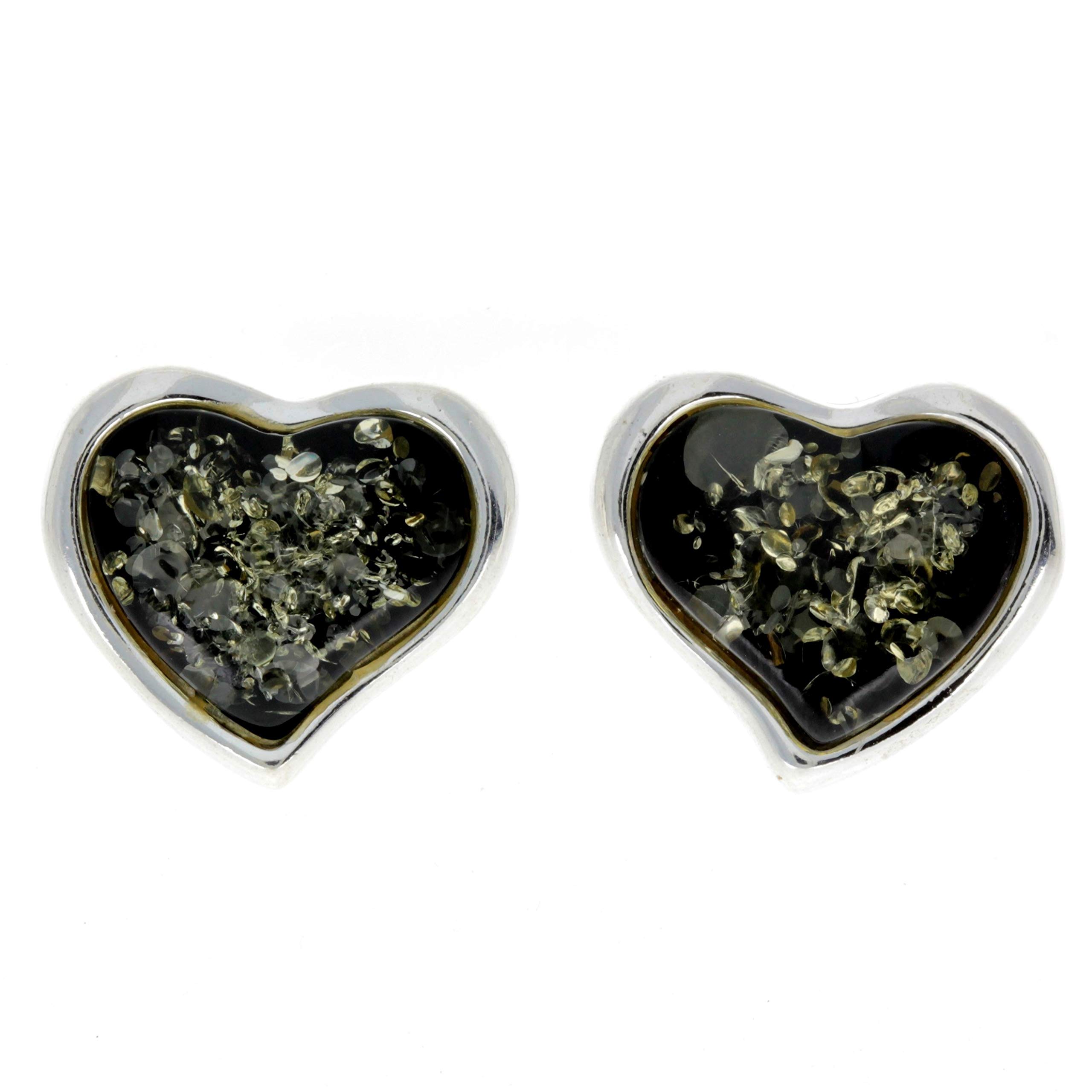 Classic Genuine Natural Green Baltic Amber and 925 Sterling Silver Hearts Studs Earrings AC004G โ image 1