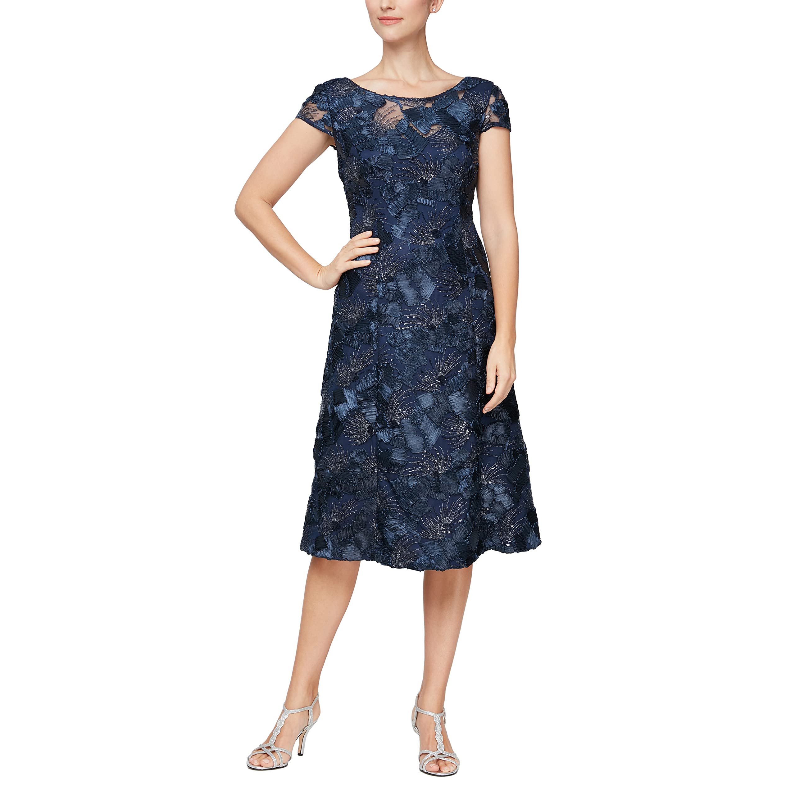 Alex Evenings Women’s Short Embroidered Cocktail Dress, Wedding Guest (Petite and Regular Sizes), Navy A Line, 10