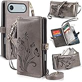 Lacass for iPhone 17 Air Case Wallet,[Cards Theft Scan Protection] Card Holder Zipper Leather Flip Cover Crossbody Wrist Strap with Stand (Floral Gray)