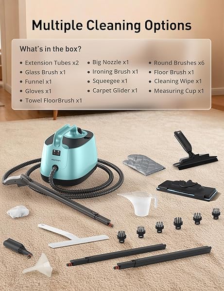 ASPIRON STEAM CLEANER, 293°F 58 PSI POWERFUL MULTIPURPOSE HANDHELD STEAM MOP FOR HOME USE, 21 ATTACHMENTS, 50OZ CAPACITY, HEAVY DUTY STEAMER FOR CARPETS, FLOORS, CARS, TILES, CRACK CLEANING, TURQUOISE