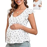 Women's Maternity Ruffle Short Sleeve V Neck Oversized Shirt Tunic Babydoll Tops