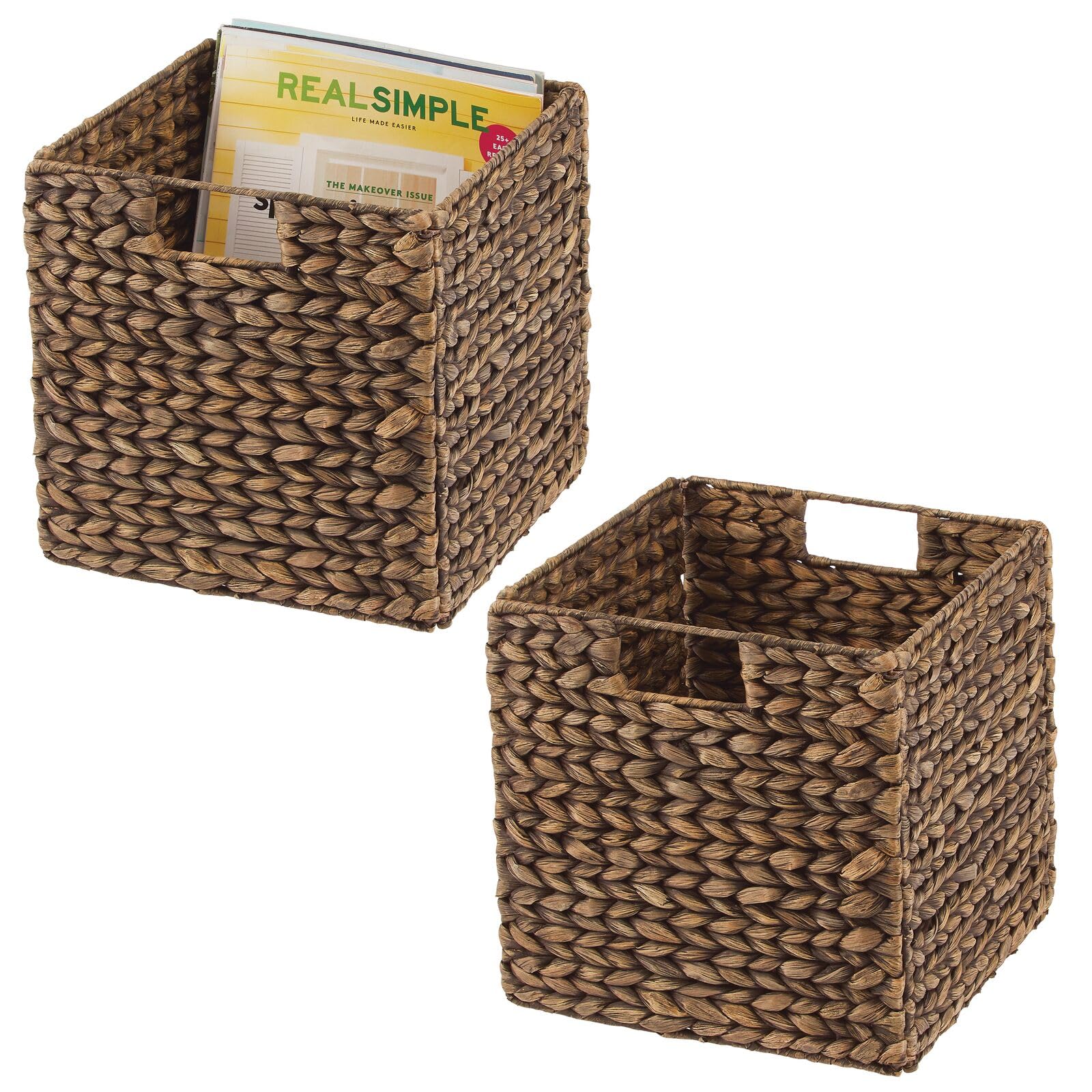 mDesign Set of 2 Storage Basket – Foldable Water Hyacinth Storage Box – Basket Storage Unit Ideal for Storing Clothes, Toys or Magazines – with Wickerwork Pattern – Brown