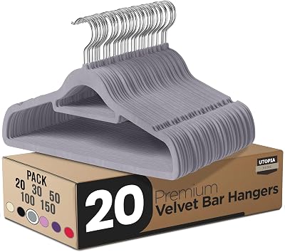 Utopia Home Velvet Hangers 20 Count with Tie Bar Grey 360° Swivel Heavy Duty