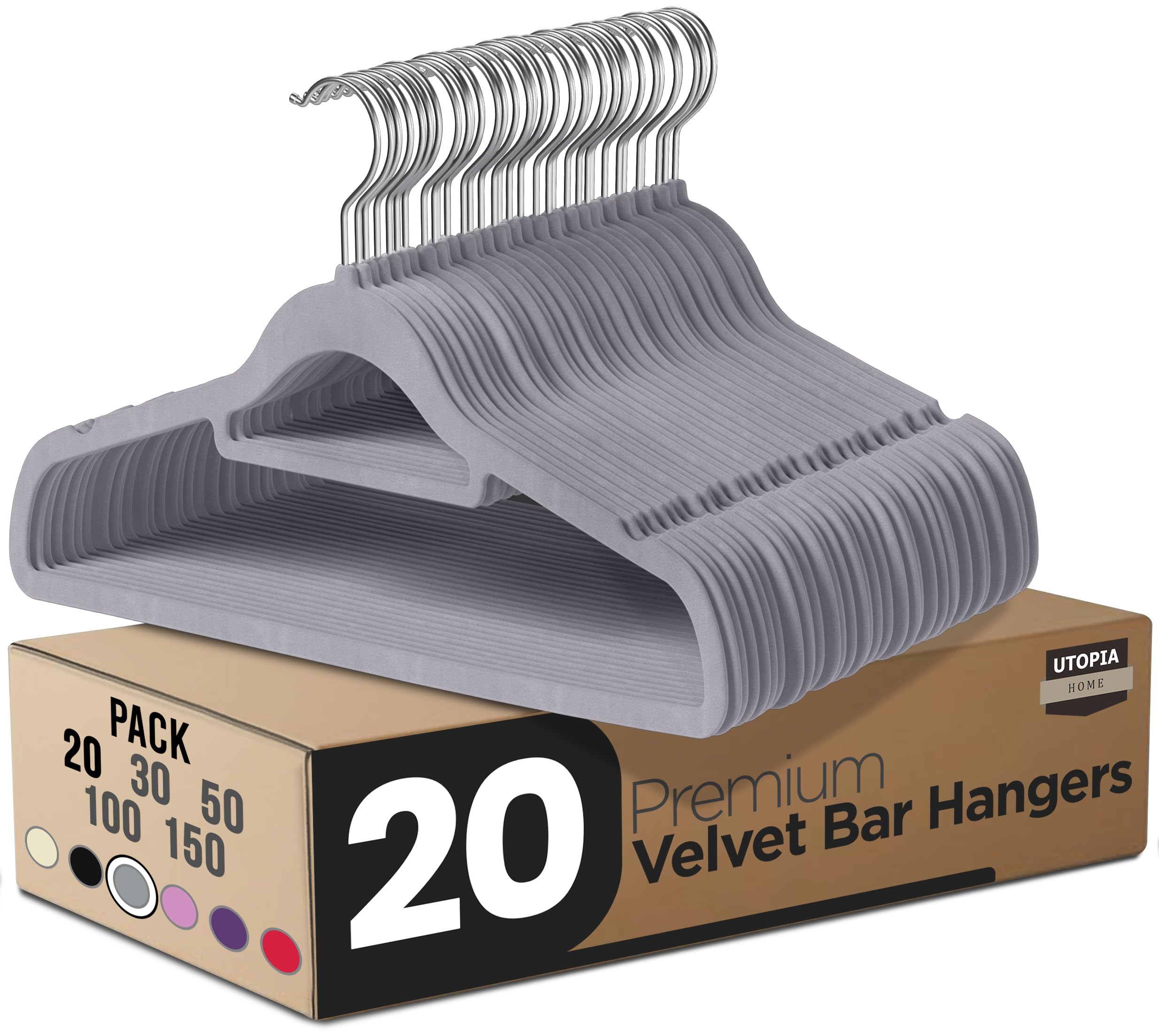 Utopia Home Pack of 20 Velvet Suit Hangers with Tie Bar - Heavy Duty Non-Slip Premium Hangers for Adult Clothes - 360 Degree Swivel Hook, Grey