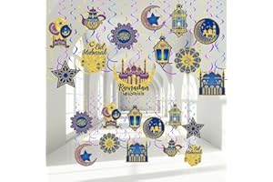 Zonon 30 Pieces Ramadan Mubarak Decorations, Eid Mubarak Hanging Swirl Shining Gold Star Moon Lantern Ceiling Foil Decor for Eid Al-fitr Party Egyptian Holiday Supplies(Blue Dark Purple Gold)
