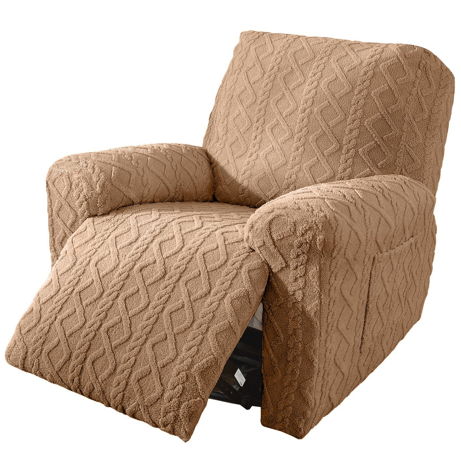 Photo 1 of vctops 4 Pieces Geometric Jacquard Plush Recliner Slipcovers Soft Fuzzy Fluffy Sofa Couch Cover Anti-Slip Furniture Protector with Elastic Bottom for Kids Cats Dogs(Brown,1 Seat)