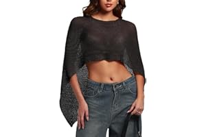 HAWILAND Ponchos for Women Off the Shoulder Sheer Knit Shrug Shawl Asymmetrical Tops Elegant See Through Beach Cover Up