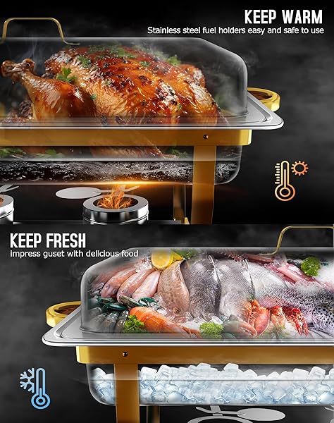 CHAFING DISHES FOR BUFFET 4 PACK, [ELEGANT GOLD AND SILVER] STAINLESS STEEL CHAFING DISH BUFFET SET, 9QT NO-FINGER CUT ROLL EDGE CHAFERS AND BUFFET WARMERS SETS FOR PARTY (GOLD FULL PANX4)