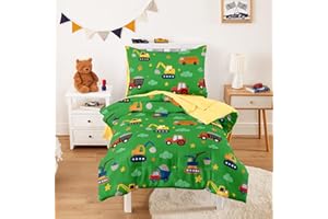 Wake In Cloud - Toddler Bedding Set for Boys, Construction Car Excavator Truck, 4 Pieces Soft Crib Bed Set Including Comforter, Sheets and Pillowcase, Grass Green