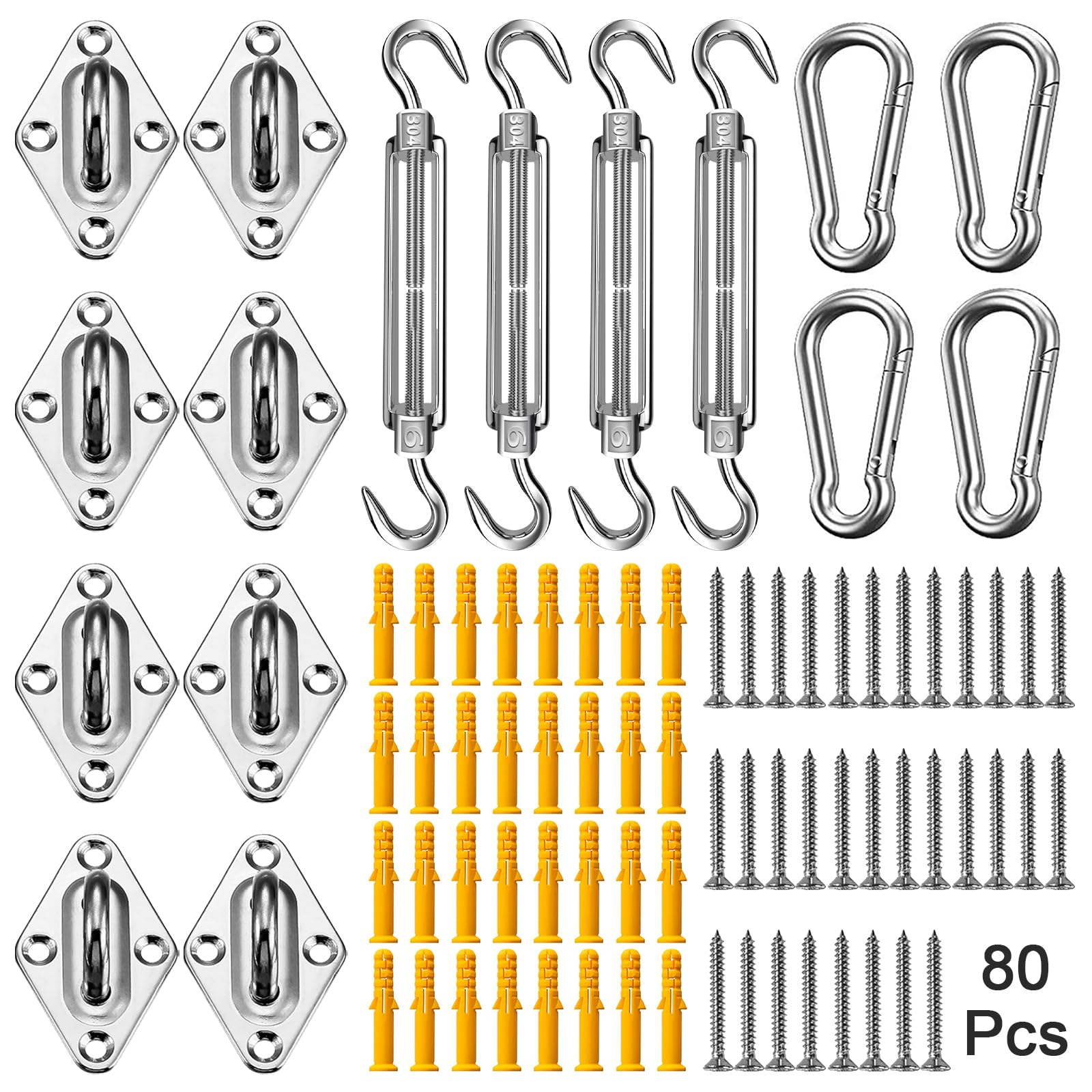Photo 1 of Duerer Sun Shade Sail Hardware Kit 80pcs for Rectangle Triangle Sun Shade Sails Canopy Installation 304 Stainless Steel Accessories Set for Outdoor Garden Patio (4 * 6inch M6 Turnbuckles)