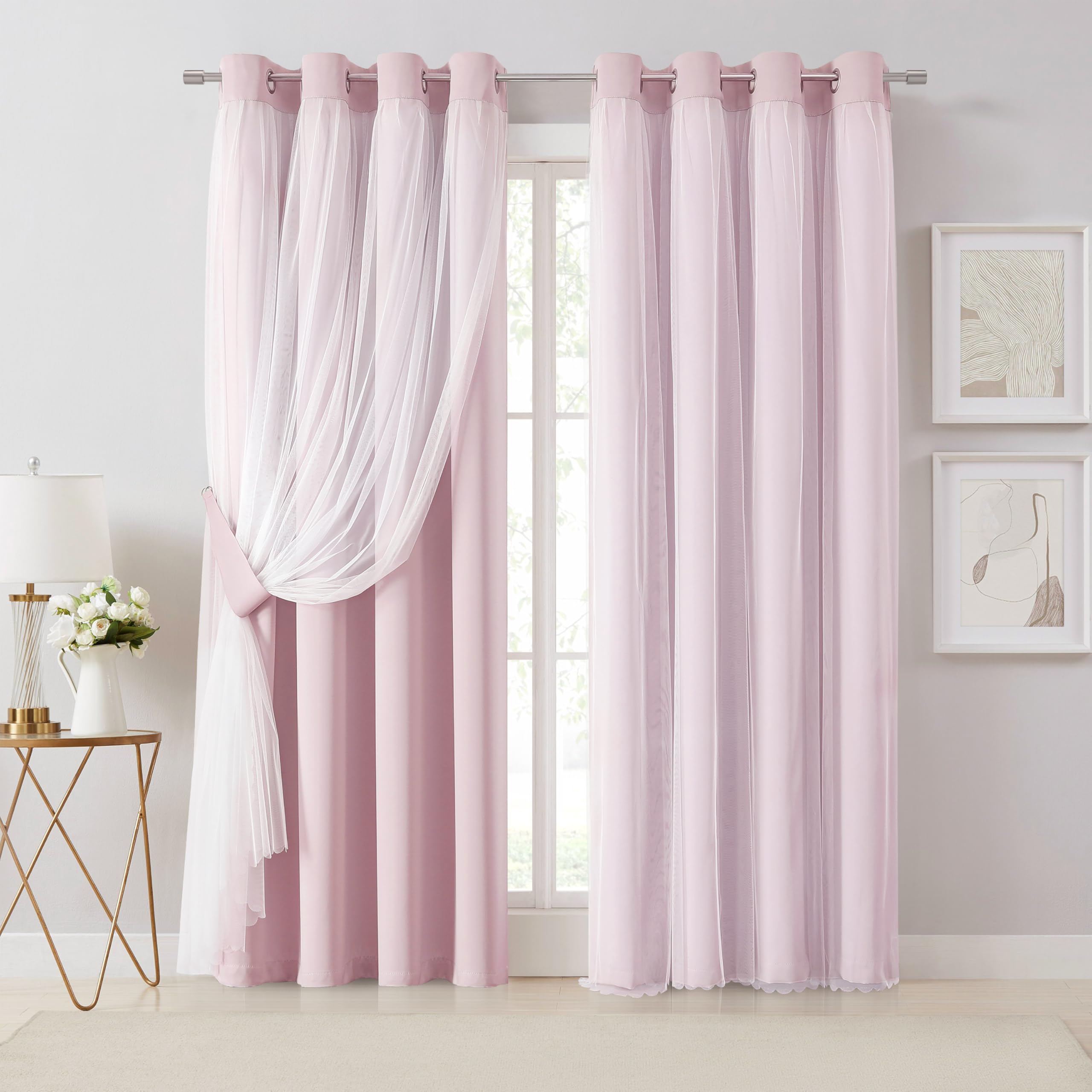 Photo 1 of Bujasso Pink Blackout Curtains with Sheer Overlay Mix and Match Double Layer 80% Room Darkening Window Treatment Set for Girls Bedroom Living Room Pink Drapes with Tiebacks Grommet Top 54" Wx90 Lx2