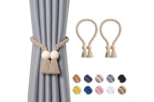 NICEEC 2 Pack Wooden Ball Magnetic Curtain Tiebacks Boho Home Decor Drape Tie Backs Natural Cotton Hand Woven Rope Curtain Holdbacks for Thin & Thick Home & Office Window Draperies (Dark Beige)