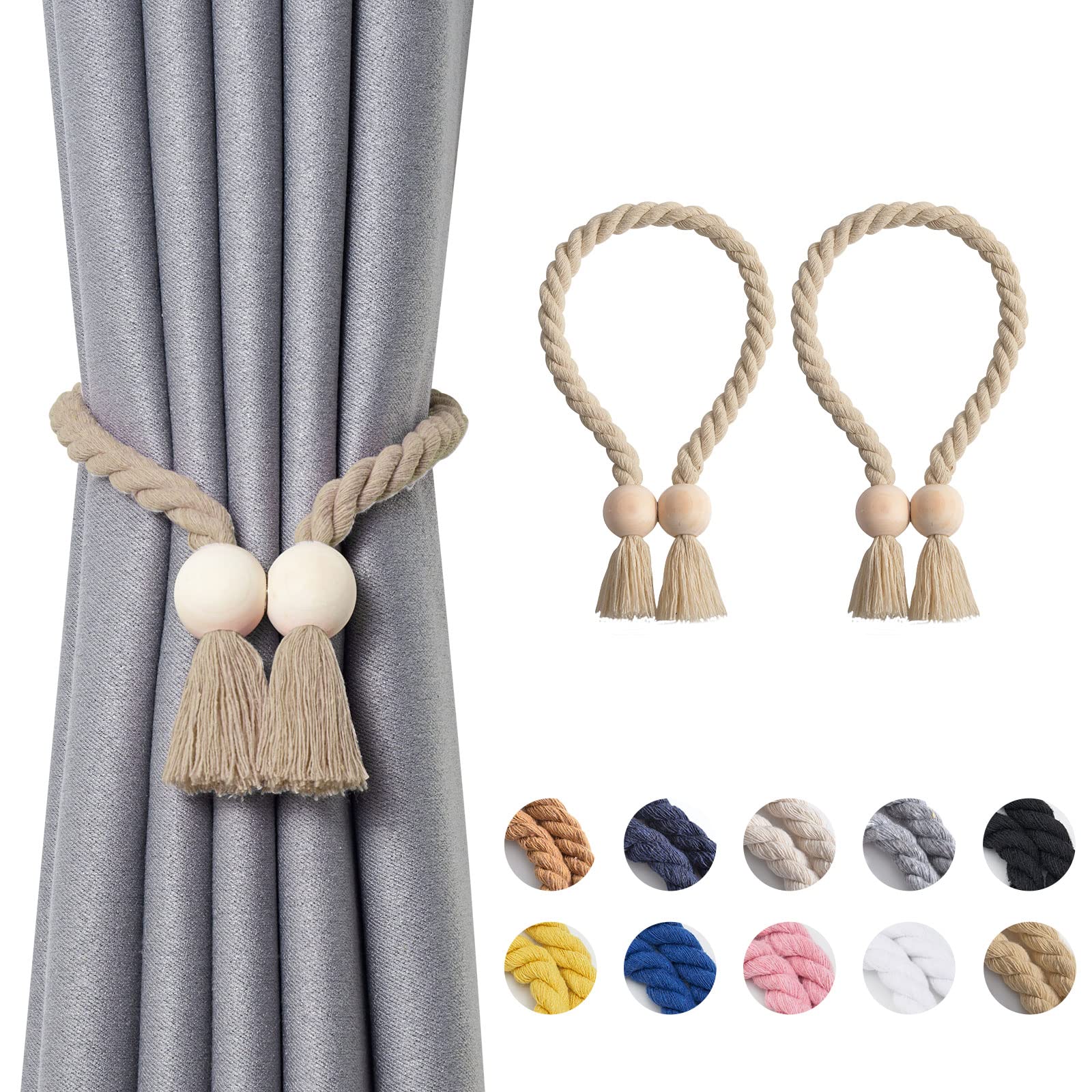 Pretty Jolly 2 Pack Wooden Ball Magnetic Curtain Tiebacks Boho Home Decor Drape Tie Backs Natural Cotton Hand Woven Rope Curtain Holdbacks for Thin & Thick Home & Office Window Draperies (Dark Beige)