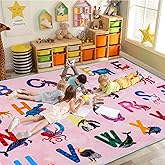 Truqual Classroom Rug Elementary, 6x9 Alphabet Rug, Light Pink | Machine Washable Classroom Carpet for Kids Playroom, Non-Sli