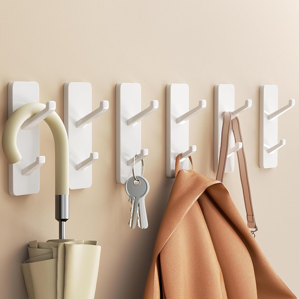 susswiff 6 Pack White Adhesive Hooks for Wall and Door 13 lb Hold