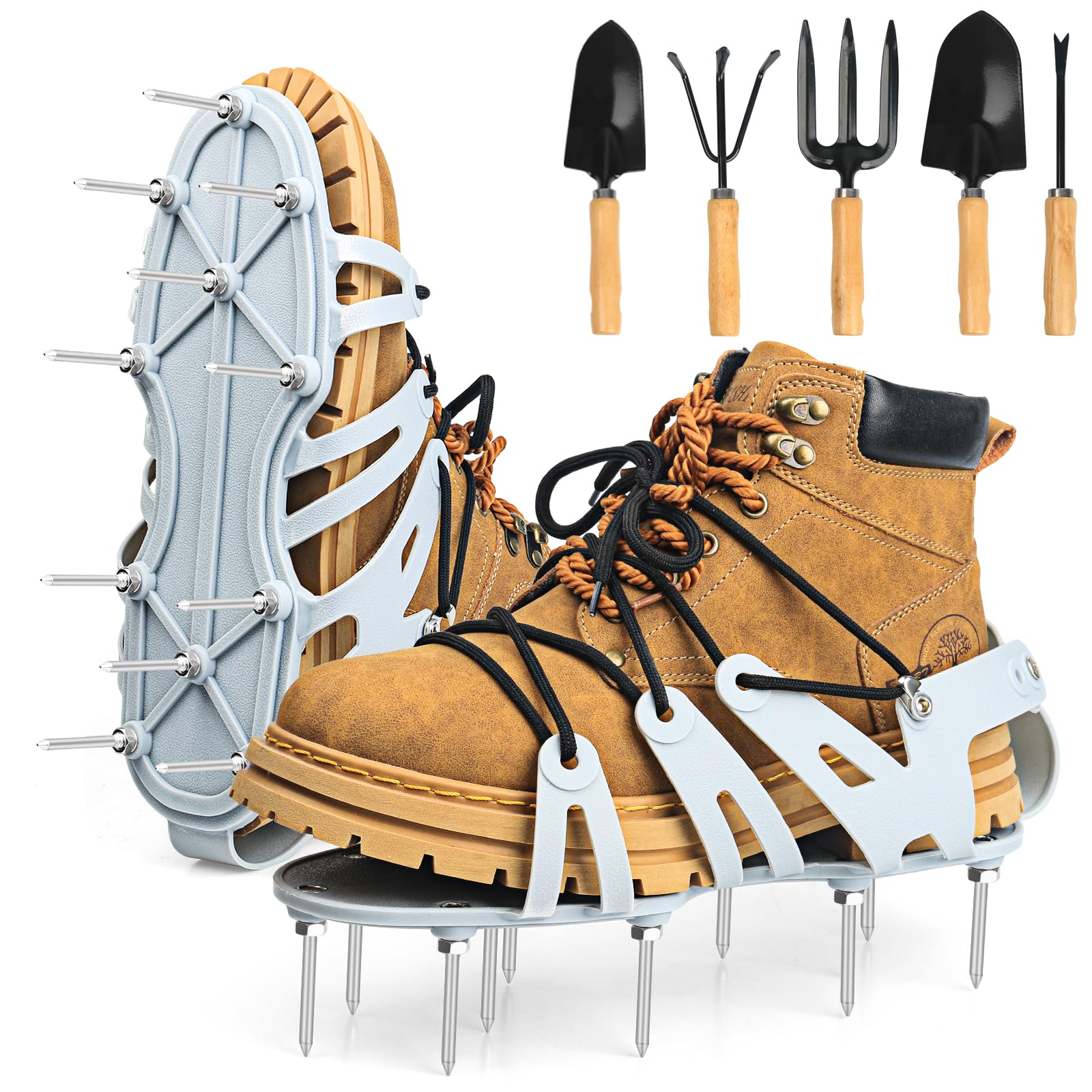 Yuepin Lawn Aerator Shoes, Garden Grass Aerator Spiked Sandals with Garden Tool Set, Upgraded Shoelace Lawn Aerator Spike Shoes, Soil Yard Aerator Tool