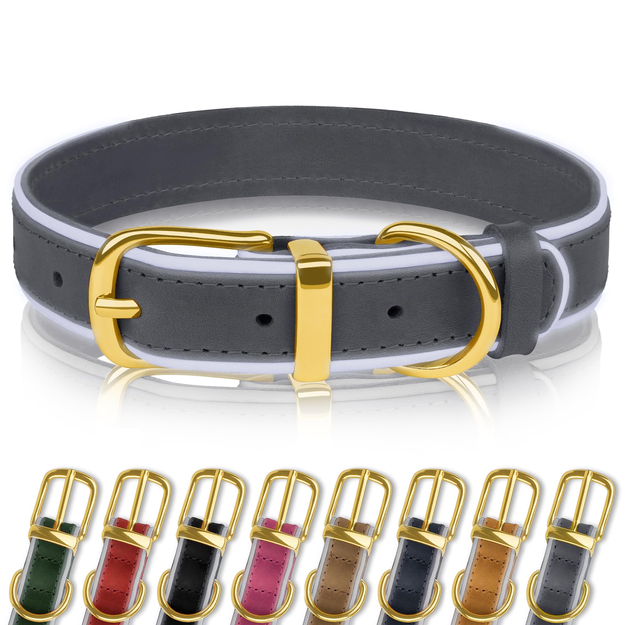 OOPSDOGGY Reflective Geniune Leather Dog Collar Soft Padded Collars for Small Medium Large Breed Dogs Puppy, 4 Sizes, 8 Colors (Denim, 19"-24")
