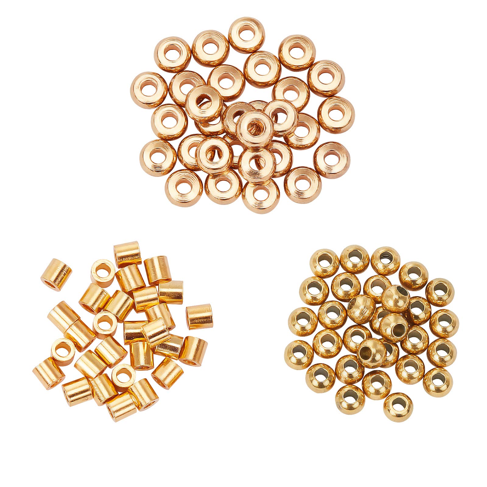 UNICRAFTALE About 90pcs 3 Styles 2/3/4mm Golden Spacer Beads Stainless Steel Loose Beads Column & Rondelle & Flat Round Bead Findings for DIY Bracelets Necklaces Jewelry Making