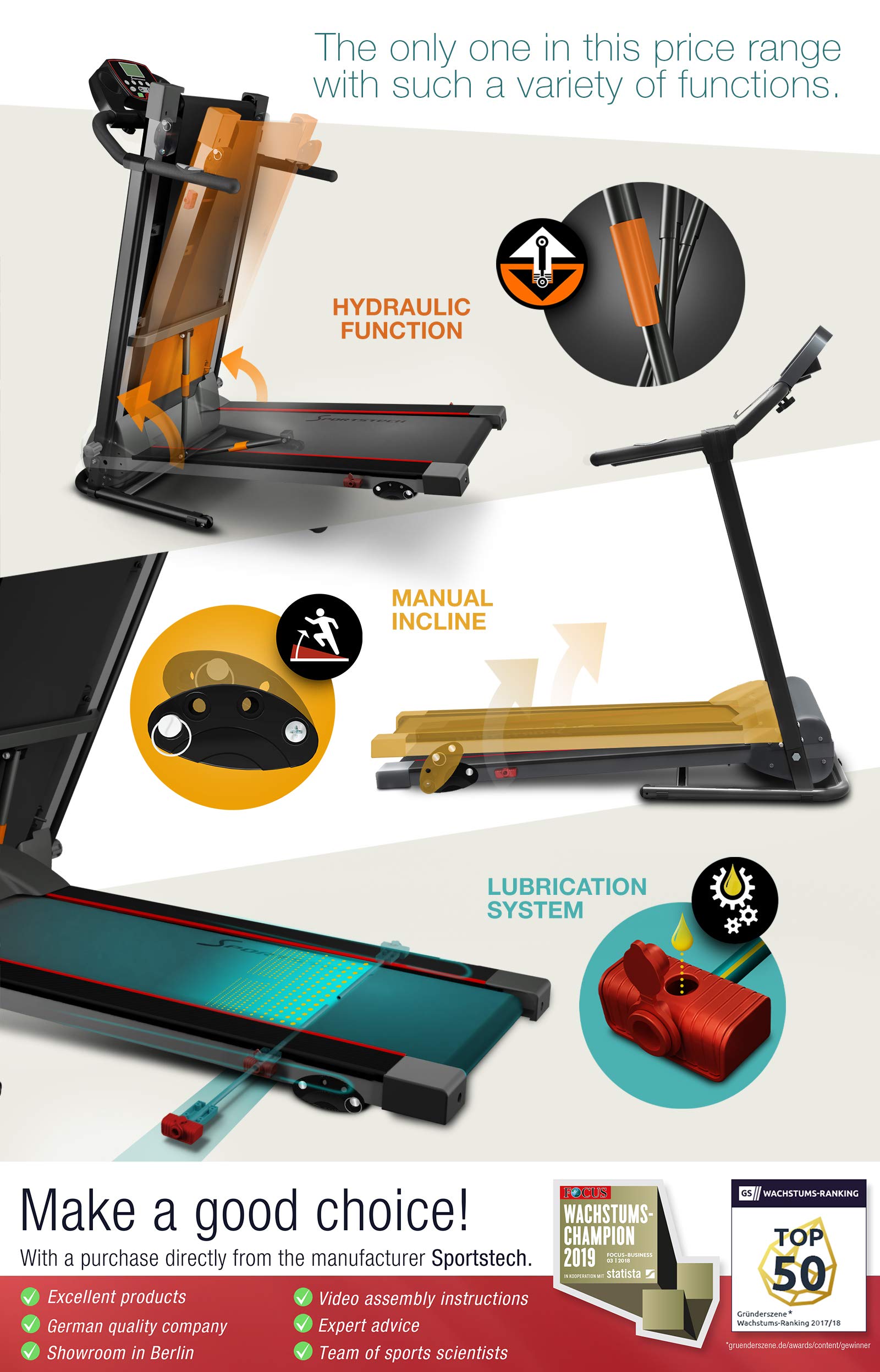 Sportstech F10 Treadmill German Quality Brand Video Events & Multiplayer APP, 18° slope in