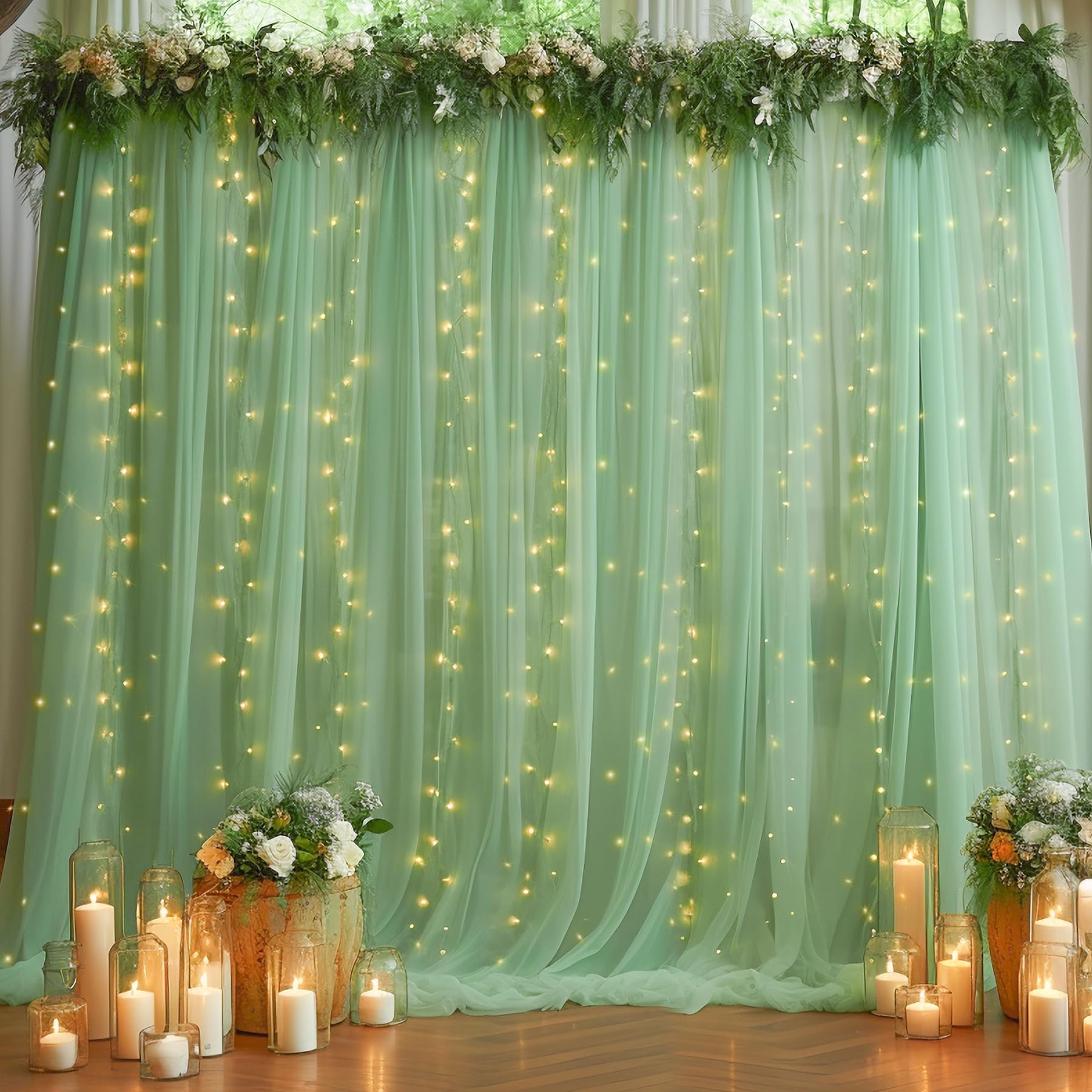 Photo 1 of 10ft x 10ft Green Backdrop Curtain with Lights String for Parties, Sheer Tulle Wedding Photo Backdrops Drapes for Baby Shower Birthday Party Decorations Background for Photography