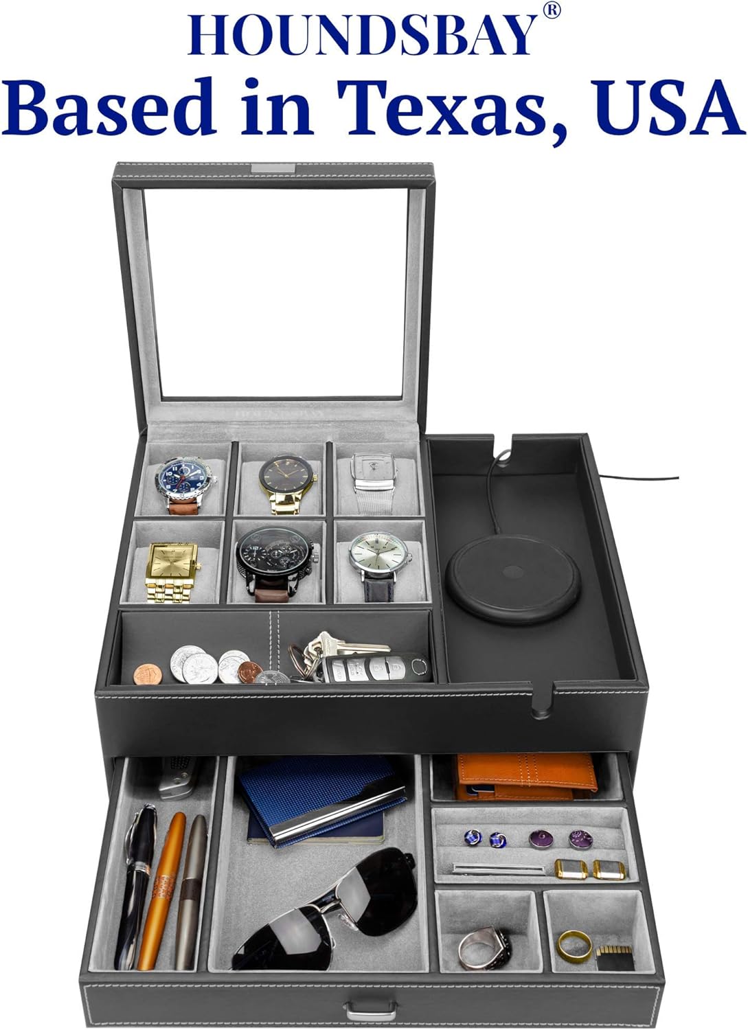 HOUNDSBAY Commander Dresser Valet Watch Box Case & Mens Jewelry Box Organizer with Smartphone Charging Station (Black/Gray): Home Improvement