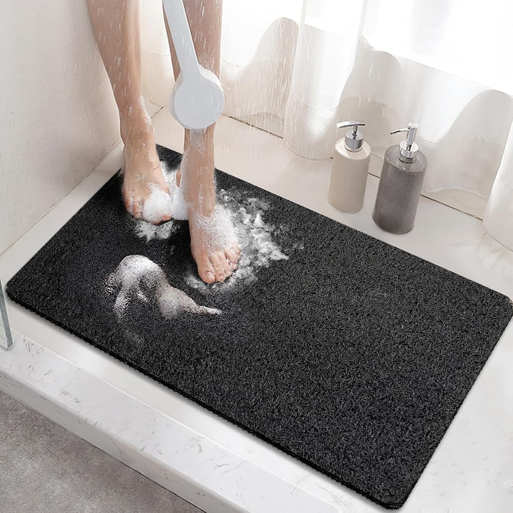 HITSLAM Shower Mat Non Slip 60 x 40 cm Loofah Drain Quick Drying Black