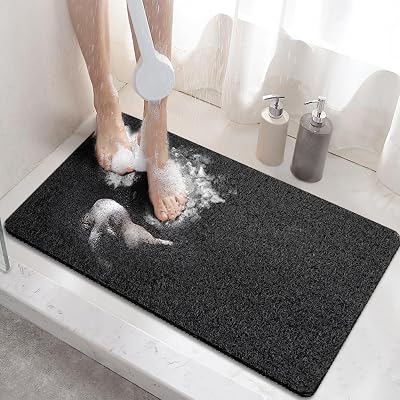 HITSLAM Shower Mat Non Slip 60 x 40 cm Loofah Drain Quick Drying Black