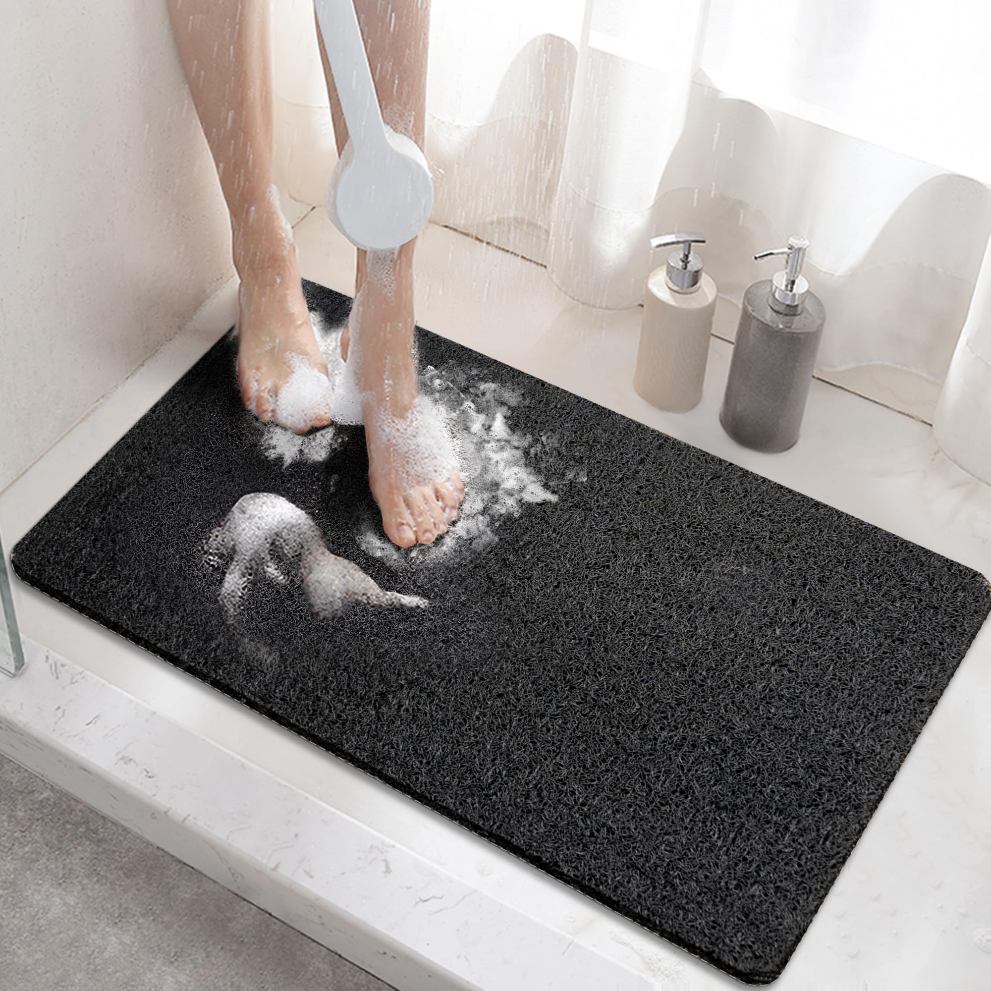HITSLAM Shower mat Non Slip, 60 x 40 CM Non Slip Bath Mat with Drain, Soft PVC Loofah Shower Bath Mat for Tub, Quick Drying Shower Mat for Bathroom, Black