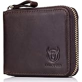 BULLCAPTAIN Men Genuine Leather Zipper Wallet RFID Blocking Bifold Wallets ID Window Credit Card Case (Dark brown)